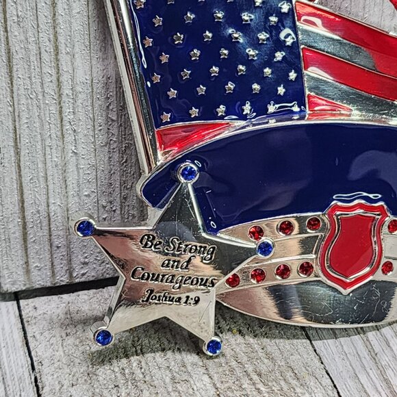 America's Flag and Cap " Be Strong and Courageous " Ornament Silver Metal - Picture 4 of 7